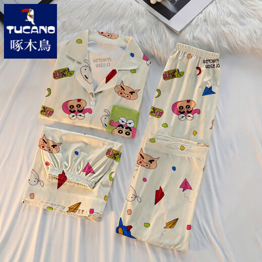 Woodpecker Japanese ins Xiaoxin pajamas for women in summer short-sleeved pure cotton three-piece set 2025 new cute student home clothes #FS-three-piece set 14135 L [95-112Jin[Jin equals 0.5 kg]]