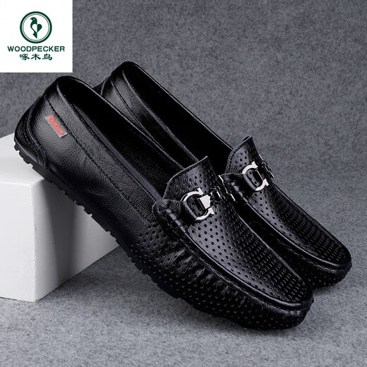 Woodpecker hollow beans shoes for men, new summer breathable men imitation leather business casual leather shoes men's leather sandals MT9905a-black 38