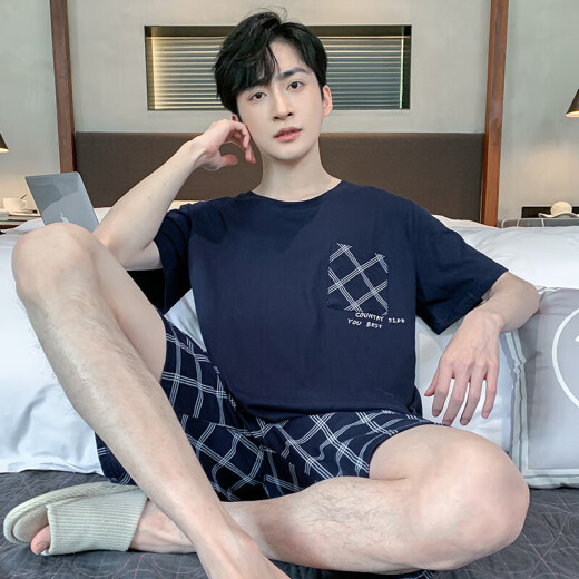 略辰睡衣男夏季薄款短袖短裤可外穿休闲男士加大码凉感家居服套装 9928# L 【建议100-120斤】