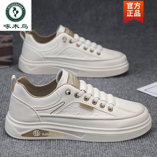 
Woodpecker men's shoes 2025 spring and summer breathable versatile casual casual high-rise shoes leather shoes feel level-like white shoes 7372 black flat sole 40