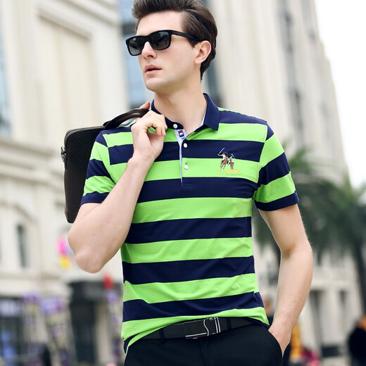 
Busen 2025 summer new middle-aged men's pure cotton short-sleeved T-shirt slim business lapel striped base shirt 3882 white M