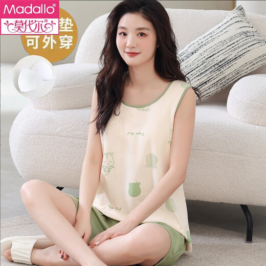 莫代尔带胸垫一体背心睡衣女夏舒适棉无袖大码家居服女生薄款可外穿套装 背心套装【带胸垫】F9856 L 女 建议100-120斤