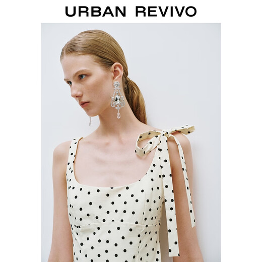 UR2025 summer new women's French polka dot slim lace-up ruffled dress UWG750165 beige print M