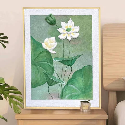 Village de Shantoulin Good Luck Lotus Lotus Pendant Chinese Style Texture Texture Painting Quartz Sand Diy Digital Painting Dupter Match-Colored Material Lotus PEINTURE DÉCORATIVE QX12625 TEXTURE PEINTURE ENVOYER UN SET PEINTURE D'OUTILES DE PAIEMENT 30 * 40 cm Cadre intérieur en bois massif d'épaisseur