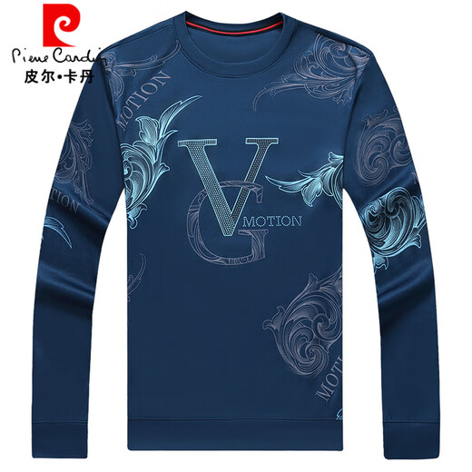 皮尔卡丹（pierre cardin）时尚潮流印花t恤男春秋新品男士圆领长袖冰丝VG图案中青年打底衫 6621黑色 L 建议120-140斤