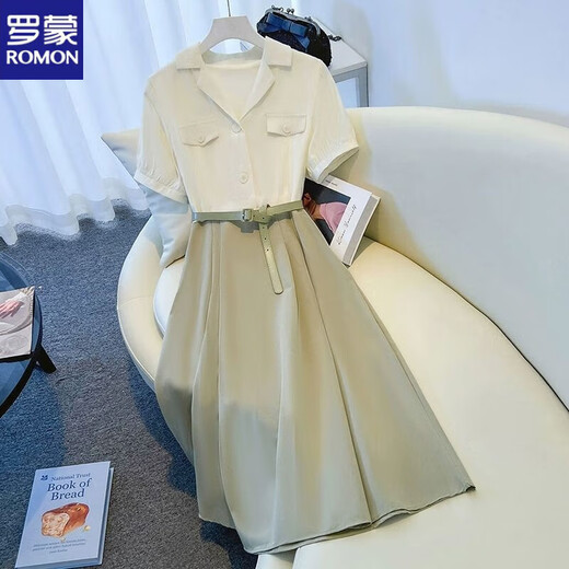罗蒙（ROMON）假两件翻领撞色连衣裙2025新款女夏季薄款透气收腰显瘦A字中长裙 米白+艾草绿假两件 XL