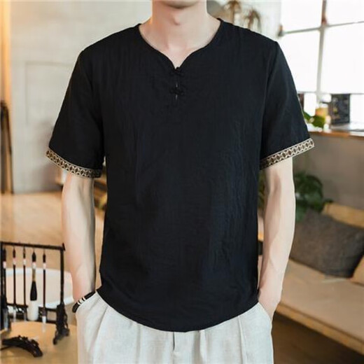 左斯客中国风男装刺绣T恤男短袖宽松大码薄款休闲盘扣复古棉麻上 686米白色 XL 130斤内