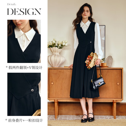 
Olrain Elegant Contrast Color Splicing Fake Two-Piece Dress for Women in Autumn 2025 New Long Sleeve Skirt Black M