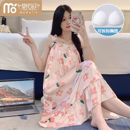 莫代尔睡裙女夏季自带胸垫冰丝凉感吊带睡衣夏天女士甜美可爱家居服春夏 3887【不可拆胸垫】 M 【75-100斤】