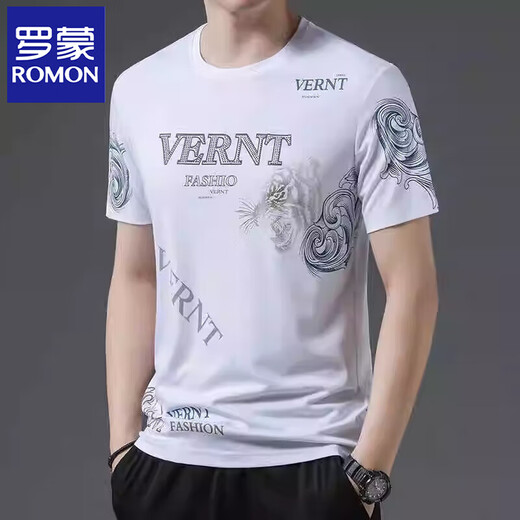 
ROMON (ROMON) mulberry silkworm. Silk short-sleeved T-shirt for men in summer new ice silk middle-aged and elderly men round neck printing trendy thin half-sleeved body Pure white 733 L 170 [recommended 120-135 Jin [Jin equals 0.5 kg]]