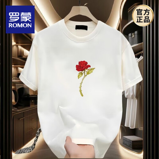 ROMON (ROMON) different couple outfit summer T-shirt 2025 new summer super hot internet celebrity pure cotton special short-sleeved top for men. Black front large picture K1049 single red rose man S S recommended 90-100 Jin [Jin equals 0.5 kg]