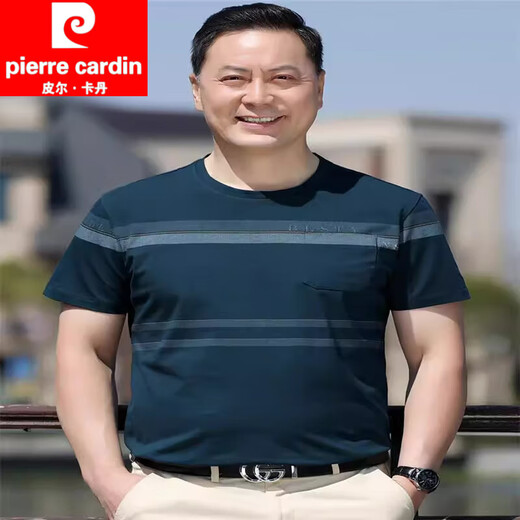 皮尔卡丹（pierre cardin）夏季圆领棉中年男士短袖t恤爸爸装老年人上衣有口袋T恤打底 【父亲节礼物】中灰 6625 M 165/【85斤-110斤