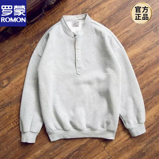 ROMON handsome trendy autumn men's henley collar long-sleeved T-shirt bottoming shirt stand-up collar solid color loose casual pullover sweatshirt black high quality XL recommended 120-135Jin Jin equals 0.5 kg