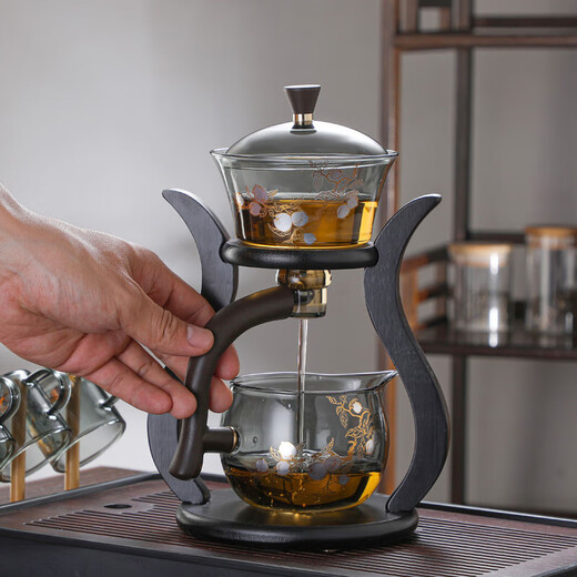 Lazy man's tea making artifact complete set of magnetic palace lantern glass semi-automatic tea cup Kung Fu tea set tea tray household tea dispenser Palace light bulb tea set-ash peach style 15-piece set