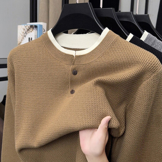 High-end Henry collar sweater long-sleeved bottoming shirt for men autumn and winter fashion versatile trendy inner sweater line top BB5185 Khaki XL recommended 145-160 Jin Jin equals 0.5 kg