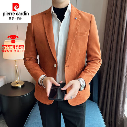 皮尔卡丹西服男不起褶抗皱免烫修身西服麂皮绒小西装英伦高级感男外套 9928黑色 M 适合115斤下