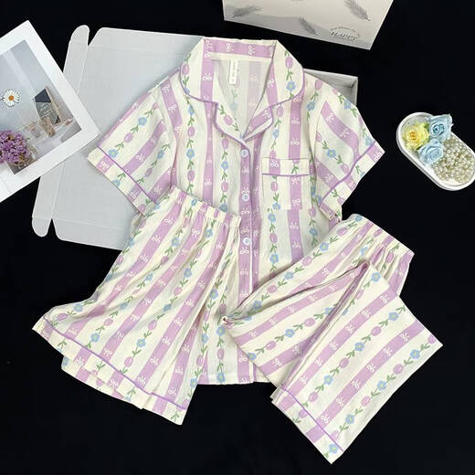 El pijama de tres piezas de Yonghuan para mujeres en verano 2025 Nuevo algodón de algodón de verano de algodón de manga corta de la nube de verano delgada se puede usar afuera 9913# Cloud Algodón de tres piezas Estilo de cama de cama (Cubierta de edredón 200*230 cm)
