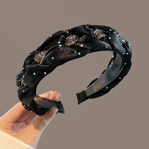 Kamalun (KAMALUN) light luxury and high-end headband for women 2025 new spring and summer wide-brimmed face wash non-slip headband high skull headband hair accessories black braided sparkling diamond headband