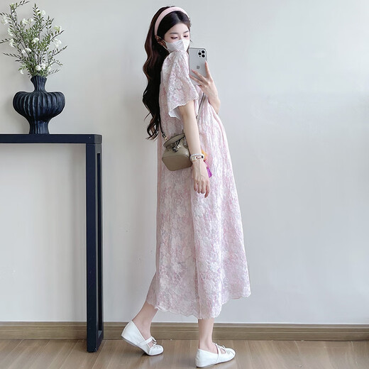 Ranqi's maternity dress for maternity women in summer new season French gentle style loose belly slimming high-end square collar maternity dress pink L