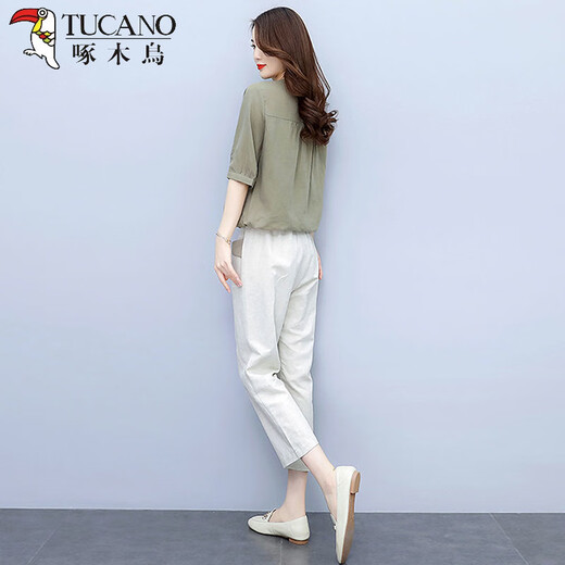 Traje de lino de algodón de algodón de algodón para mujeres 2025 Versión coreana NUEVA CASA CORTIVA Slim suelta pantalones de nueve mangas de nueve mangas jengibre [pantalones individuales] delgados 2xl