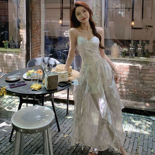 FOX.G skirt new suspender dress women summer 2025 new clothes women's small French pure desire long skirt ink floral ruffle dress L recommended 110-120Jin Jin equals 0.5 kg
