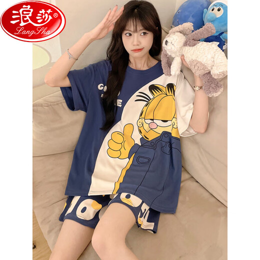 浪莎网红纯棉睡衣女夏季短袖短裤薄款卡通大码可爱家居服学生套装 WB短袖1343 L 小码(100-110斤)