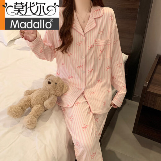 莫代尔甜美条纹ins韩系蝴蝶结印花夏季新款皱布睡衣女家居服短袖三件套 套KK3523# M 【建议80-100斤】
