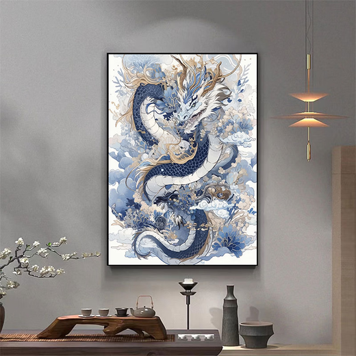 咏幻青花瓷龙 数字油画2024新款中国风手工填充diy手绘涂色丙烯油 W3892 40x60cm 黑色外框崩好实木内框+颜料画笔