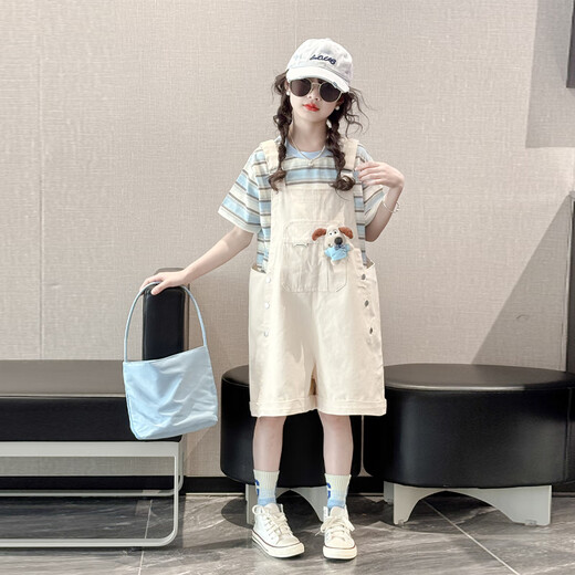 Mokitoul Girl Summer Armband Shorts Set Children's 2025 Neue große Kinder Mädchen modische Sommermode koreanische Outfit Hellblau T+ Overalls (High-End-Geschenkboxverpackung) 40 cm2 1 1