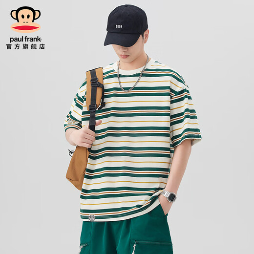 Big Mouth Monkey (Paul Frank) American heavy striped contrasting color short-sleeved T-shirt for men's summer thin retro loose round neck base clothes men's clothing Green 698D [official authentic] XL [recommended 140-155 Jin [Jin equals 0.5 kg]]
