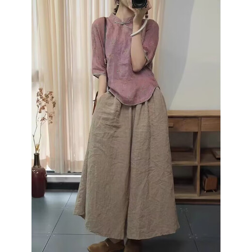 Hengyuanxiang nueva camisa de ramie de estilo chino para mujeres 2025 Summer Nuevo edad de alta gama Reducción de pantalones de pierna ancha Pantalones de dos piezas Pantalones de mujer Pantalones de mujeres/Typants pequeños M Alcance (sugerido 90-115Jin [Jin equivale a 0.5 kg])