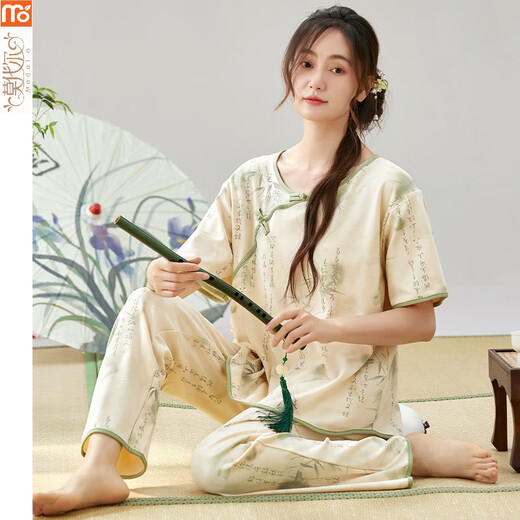 莫代尔睡衣女夏季2025年新款短袖国风套装棉新中式长裤可外穿薄款简约 Y9905 M (建议75-95斤)