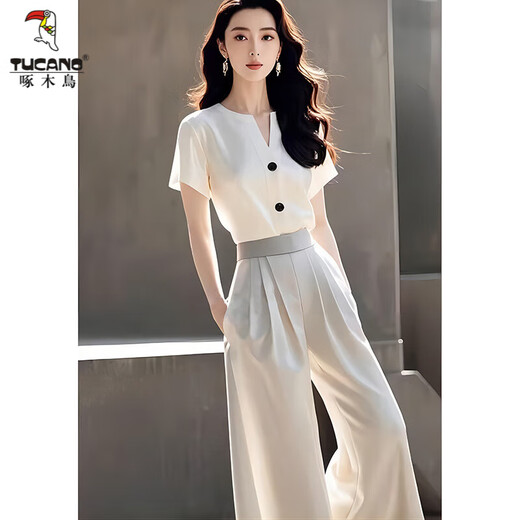 啄木鸟干练气质女装套装洋气时尚御姐风白色衬衫裤子盐系轻熟两件套夏季 灰色裤子+白色衬衫 S 【建议95斤以内】