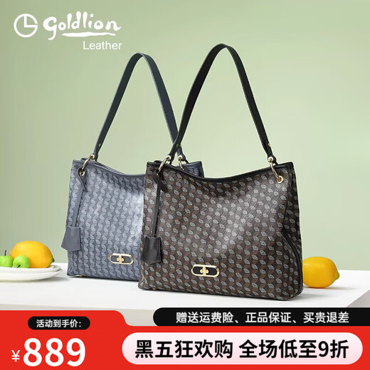 Goldlion leichte Luxus Retro Frauenbeutel Bucket Bag 2025 Neue Kapazitäts -Umhängetasche Mode Pendler -Achselhöhlen -Tasche Trendy Schwarz