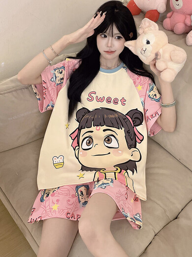 
Crayon Shin-shirt pure cotton pajamas for women in summer short-sleeved thin cartoon cute student plus size fat mm home clothing QYS9928 M (suitable for 80-100Jin [Jin equals 0.5 kg])