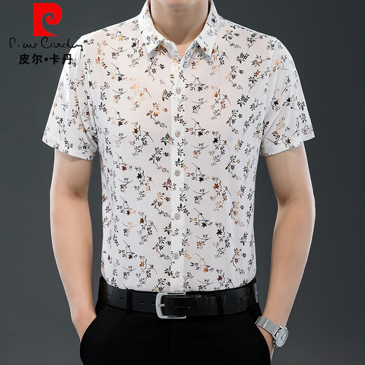 Pierre Cardin 25 Sommer neue Männer kurzärmelige Hemd Ice Seide dünne bedruckte Hemdmodet Trend Casual Dad Top 508 Weiß M 165