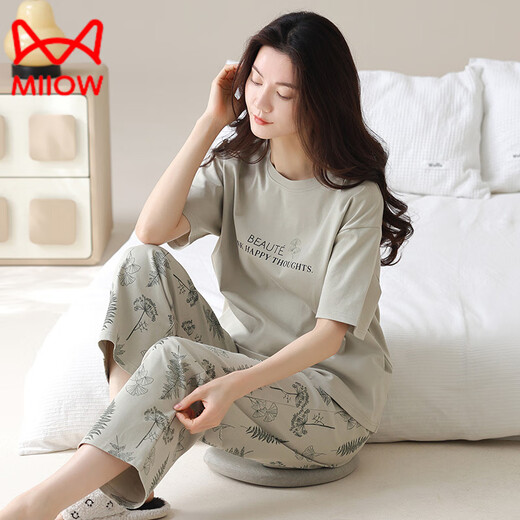猫人（MiiOW）睡衣女夏季纯棉短袖长裤薄款全棉夏天女士家居服套装春秋季 YZT9719 短.袖长.裤 2XL 140-160斤