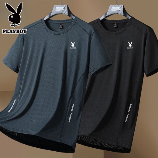 花花公子（PLAYBOY）夏季冰丝速干透气专柜青年运动百搭短袖T恤/2件 舒适亲肤  深灰+黑色冰丝短袖两 XL 建议【115-125斤】