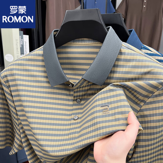 罗蒙（ROMON）新款夏季冰丝短袖t恤男士撞色条纹休闲翻领POLO衫凉感上衣爸爸装 蓝色 GR-9207【冰丝凉感】 M 48 (适合95-115斤)
