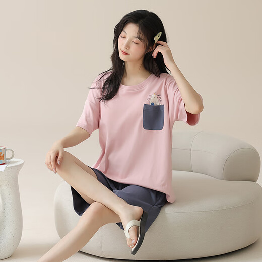 Qin Nuan pijama de algodón de alta calidad integrado con almohadillas de seno para mujeres en pantalones cortos de manga corta de verano Versión coreana linda ropa de talla grande dulce con almohadillas en el pecho traje de manga corta-g1047 m mujeres [recomendado 80-100Jin [Jin equivale a 0.5 kg]]]