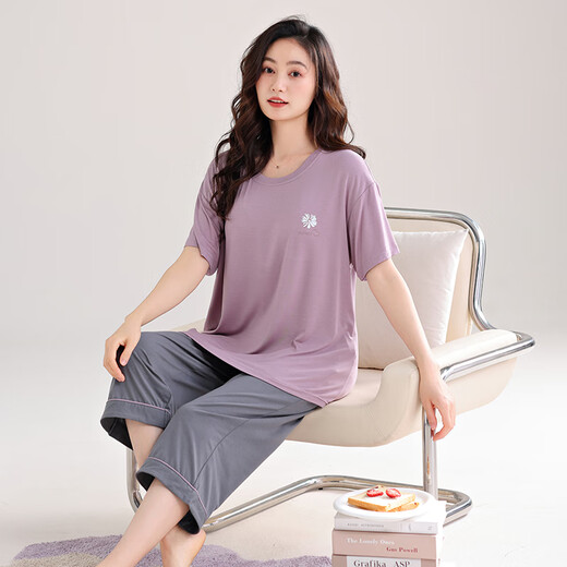 澳颜莱睡衣女夏季新款冰凉感莫代尔短袖七分裤薄款胖mm加肥加大码家居服 7027# M 【建议80-斤】