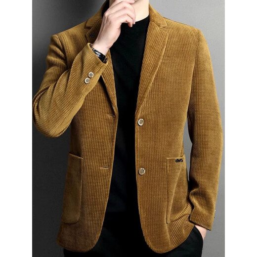 Pierre Cardin Herrenjacke Herbst und Winter Dicker Cord -Anzug Herren gut aussehender gestreifte Samt Freier Anzug Business Jacke Top Trendy Yellow M