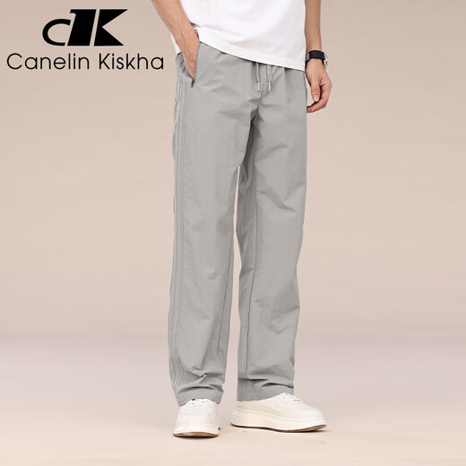 Canelin Kiskha高端美式阔腿工装裤男2025春夏新款宽松大码直筒复古休闲长裤子男 浅灰 L 适合130-150斤