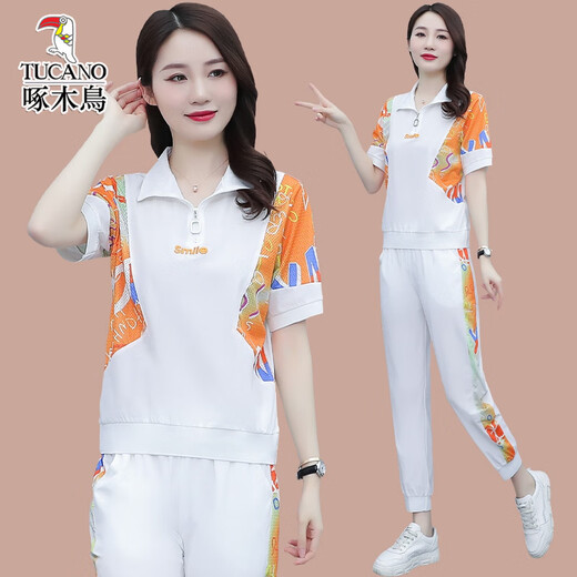 Woodpecker Ice Silk à manches courtes décontractées pour femmes 2025 Été Nouveau Âge de la mode réduisant les vêtements de sport de course à deux pièces (684) Orange XL (suggéré 111-125jin [Jin est égal à 0,5 kg]))