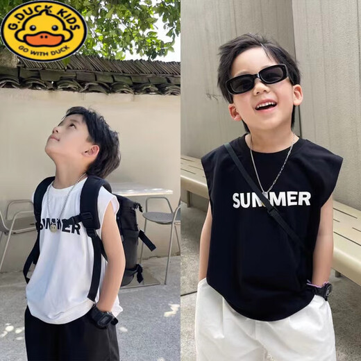 G.DUCKKIDS男童纯棉无袖背心薄款夏季2025新款中大童儿童百搭休闲上衣洋气潮 黑色背心 140 建议身高130-140cm