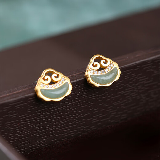 Little Silversmith Jadeite S925 Silver Ruyi Earrings for Women Chinese Style National Style Jade Niche High-end Lucky Earrings Earrings for Gifts