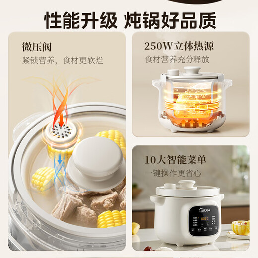 Midea electric stew pot for 3-4 people, electric casserole pot, soup pot, stew cup, electric stew pot for straight stew, purple clay ceramic stew pot, electric stew pot for 2-3 people, slow cooker, porridge pot, electric soup pot, 3L micro-pressure tender stew, white porcelain bladder = 10 bowls