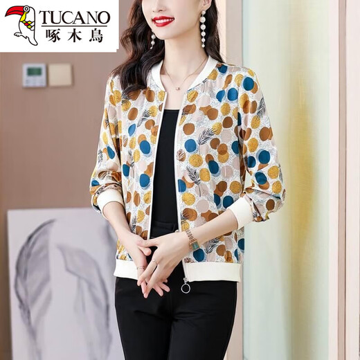 Woodpecker beautiful top mother suit spring and summer chiffon sunscreen clothes for women with fashionable polka dot printed zipper cardigan baseball uniform 8043 colors 2XL