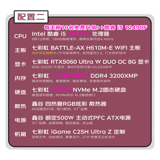 Colorful iGame sea view room customized computer host i5 12490F/14600KF RTX5060Ti desktop gaming computer AI design DIY assembly machine with two 12490F丨512GB丨RTX5060丨16GB memory