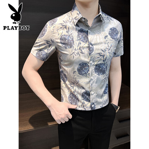 Playboy (Playboy) Camisa floral para hombres Camiseta corta de manga de verano 2025 Nuevo verano Summer Seda Psychy Slim Camisa floral impresa Hombres Azul 9885 M [sugerido 115Jin [Jin iguala 0.5 kg]]]